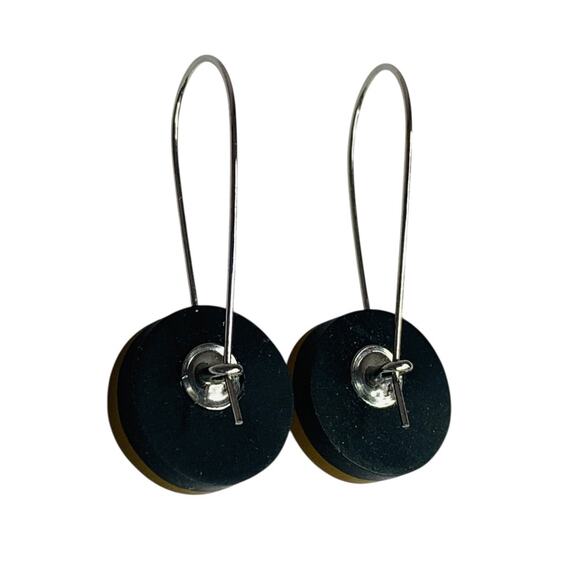 Yellow Black Wire Hook Pierced Earring Circle 1.5 Inch Drop Lightweight - Picture 4 of 6